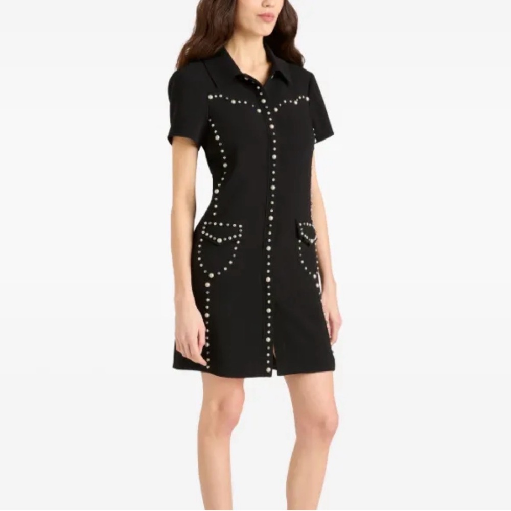 Cinq a Sept Florencia Black Stud-Trim Short Sleeve Shift Dress